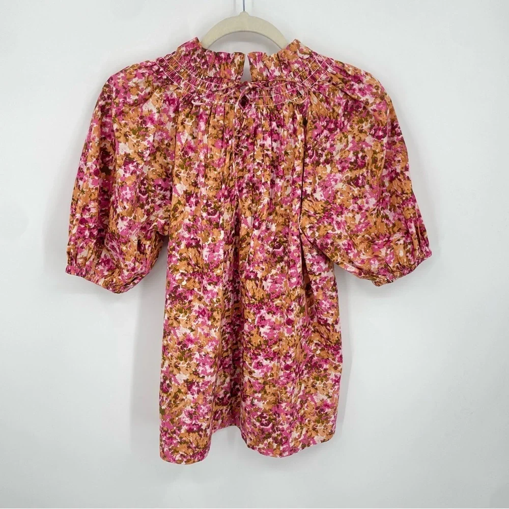 J Crew Smocked high‎ Neck Puff Sleeve Pink Print Blouse BB263 XS